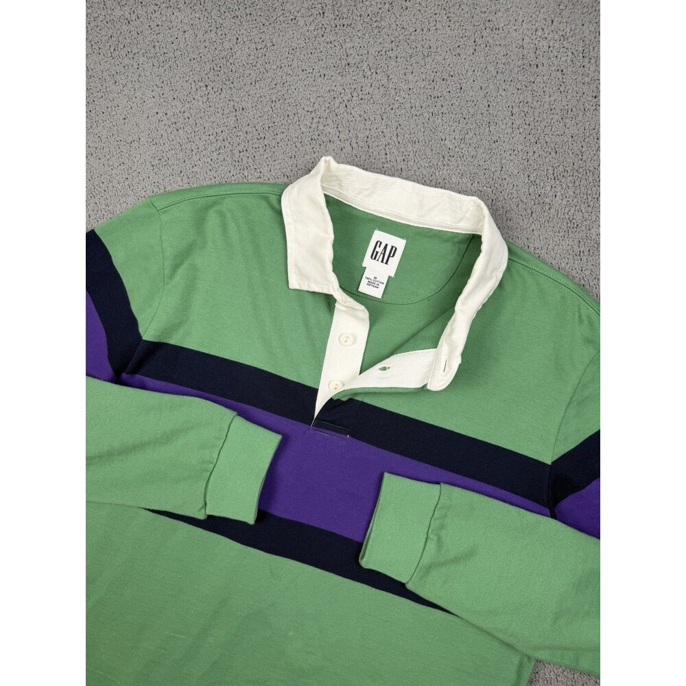 Gap Rugby Shirt Mens M Green Blue Striped Cotton Long Sleeve Polo Preppy Y2K